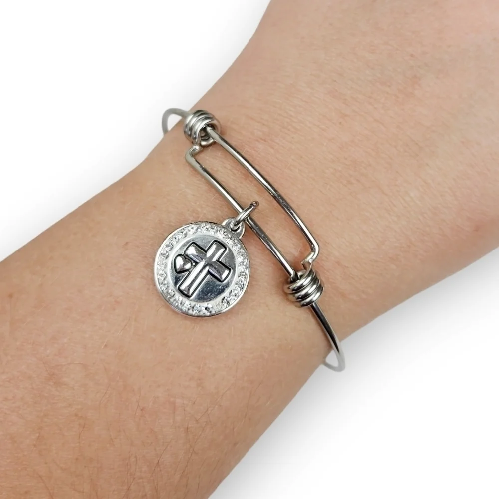 Christian Charm Bangle Bracelet Rhinestone Cross Faith Hope Love Silver Tone